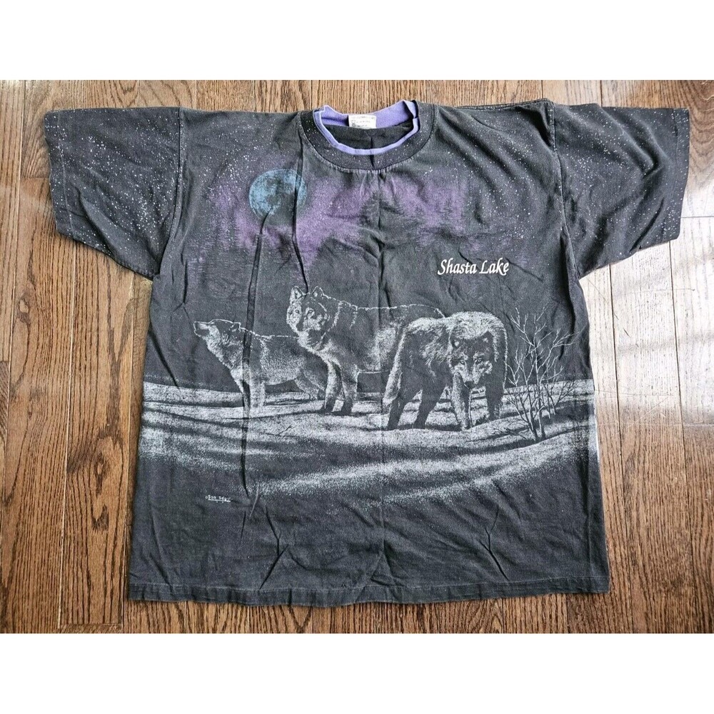 Vtg 1991 Moon Wolves AOP Oneita Power T Shirt SZ XL Single Stitch Shasta Lake